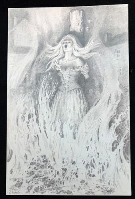 ROGER HILL ESTATE: 5.5x8.5” Original Pencil Drawing JOHNNY CRAIG Burning Witch!