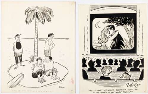 Men‘s Magazine Artist - Bo Brown and Frank Beaven - Humorama Single Panel Gag Cartoon Illustration Original Art Group of 2 (Humorama, 1955/1958).... (Total: 2 Original Art)
