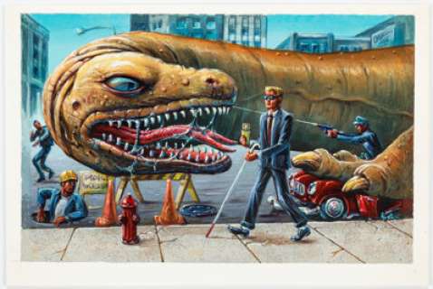 XNO 1988 Topps Dinosaurs Attack Card #19 "Madness in the Streets" Painting Original Art (Topps, 1988). | Heritage