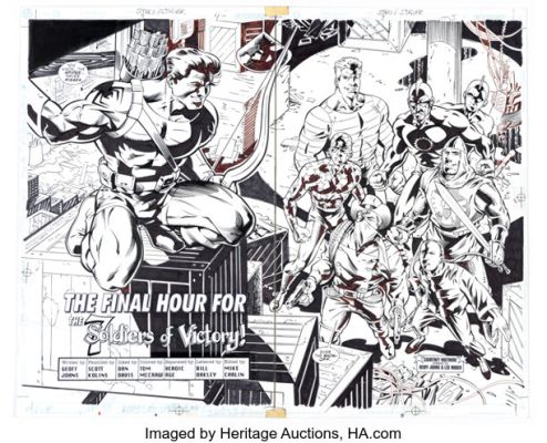 Scott Kolins and Dan Davis Stars and S.T.R.I.P.E. #9 Double Splash Pages 4-5 Original Art (DC, 2000).