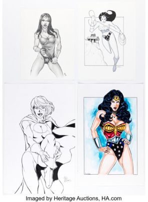 Brian Shearer, Brad Green, and others - Wonder Woman and Power Girl Pin-Up Illustrations Original Art and Hand-Colored Print Group of 4 (2002-06). (Total: 4 Items)