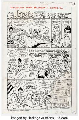 Dan DeCarlo and Jim DeCarlo (attributed) - Josie Fruit Pies Complete 1-Page Ad "Goes to the Beach" Original Art and Production Color Proof (Archie, 1979). (Total: 2 Original Art) | Heritage