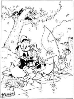 Bas Heymans | Bas Heymans - Originele tekening - Donald en Katrien vissend met Guus Geluk" | Catawiki