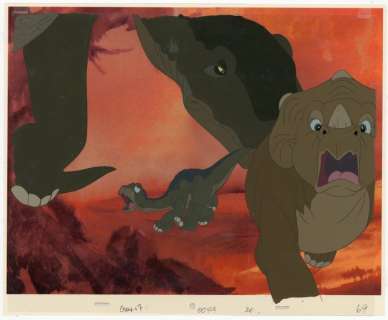 Don Bluth | Don Bluth - Original Production Cels + Copy Background + color model drawings - The Land Before Time - Exemplaire unique - (1988) | Catawiki