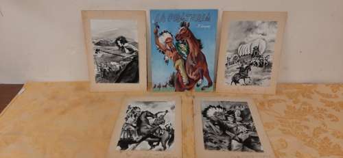 Gastone Rossini | James Fenimore Cooper - 5x illustrazioni originali "La prateria" - Page volante - (1953) | Catawiki