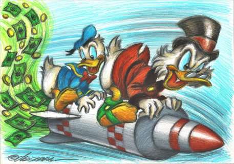 Joan Vizcarra | Donald Duck and his Uncle $crooge on a Rocket - Original Drawing - Joan Vizcarra | Catawiki