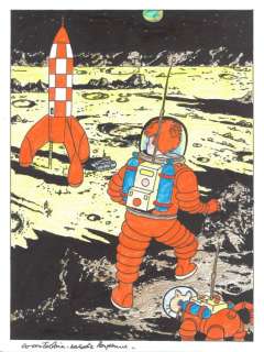 Wasterlain | Hommage Ã  Hergé 1 - Dessin original - Jeannette Pointu "On a marché sur la lune" - Page volante - (2017) | Catawiki