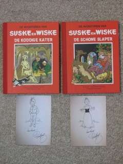 Willy Vandersteen | Suske en Wiske 55 + 56 - De Koddige Kater + De Schone Slaper - Rode Klassiek Reeks + in elk album een fraaie pentekening van Paul Geerts - Cartonné - Réédition - (1999) | Catawiki