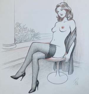 Paturaud, Laurent | Paturaud, Laurent - Dessin original - "Elise sur fauteuil Tulipe" - Format: 29 x 42 cm. | Catawiki