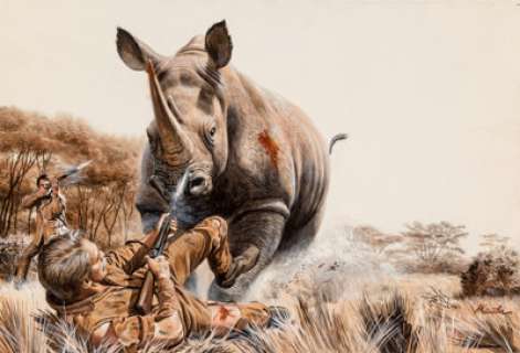 Mort KÃ¼nstler (American, b. 1931)
 Rhinoceros Last Safari, Stag magazine interior illustration, June 1970
 Gouache on bo... | Heritage
