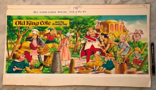 Onbekende Artiest | Hey Diddle Diddle Annual - Grote originele illustratie in gouache en aquarel op board - Old King Cole and the Grumpy Day - (1973) | Catawiki