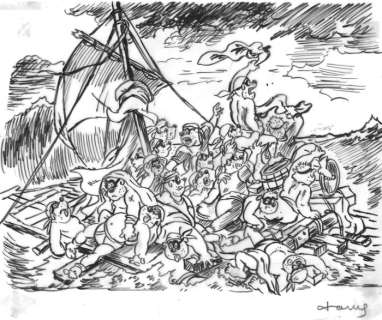 Tony Fernandez, Disney Artist | The Beagle Boys inspired by Theodore Gericault’s "The Raft of the Medusa" (1818) - Original Preliminary Sketch - Tony Fernandez Signed - 30 x 25 cm | Catawiki