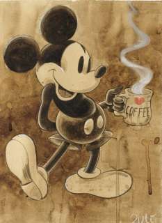 Guti, Coffee Artist | Mickey Mouse Loves Coffee - Original Coffee Painting - Guti Signed - Original Coffee Art | Catawiki