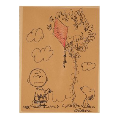 Lot 209 - PEANUTS KITE DRAWING. SCHULZ, CHARLES M. 1922-2000. Original pen and ink drawing of Charlie Brown and Snoopy getting a kite stuck in a tree, | Bonhams