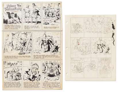 Lot of John Cullen Murphy ’’Prince Valiant’’ Sunday Comic Strip Artwork Plus Hal Foster Preliminary Sketch -- #1942 for Both Strip & Sketch, Dated 28 April 1974 | Nate Sanders