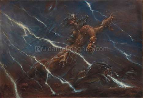 Thierry Ségur - Peinture originale, HÃ»rl le Chevalier-Tonnerre, issue de la première case de la planche 8 - La saison des cendres - Légendes des contrées oubliées