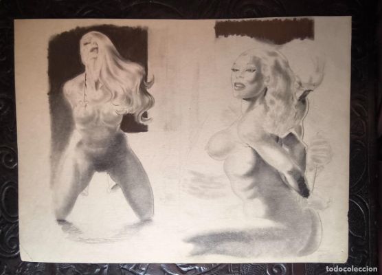 ILUSTRACIÓN DIBUJO A LÁPIZ. Boceto Trabajo. Cómic pulp horror erótico. Escuela Valenciana Años 60/70 | todocoleccion (Buy It Now)