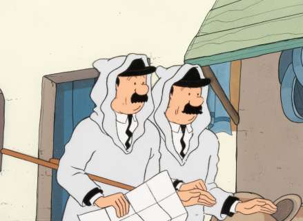 Hergé / dessin original :  Ensemble de 3 cellulos et décors… | Millon