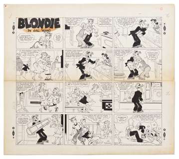 Chic Young Hand-Drawn ’’Blondie’’ Sunday Comic Strip From 1954 -- Thinking She’s Getting a New Negligee, Blondie Instead Gets an Ironing Board for a Present, While Dagwood Gets Clobbered | Nate Sanders