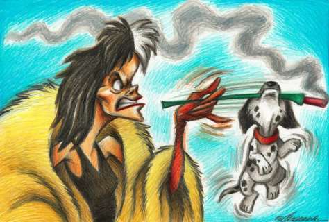 Joan Vizcarra | 101 Dalmatians: Cruella De Vil & Puppy - Original Drawing - Joan Vizcarra - Pencil Art - Original Artwork | Catawiki