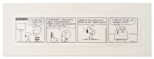 Original Charles Schulz Hand-Drawn ’’Peanuts’’ Comic Strip from 1968 Starring Snoopy & Charlie Brown -- With Mention of Lucy’s Psychiatric Sessions & One of Schulz’s Favorite Artists, Andrew Wyeth | Nate Sanders