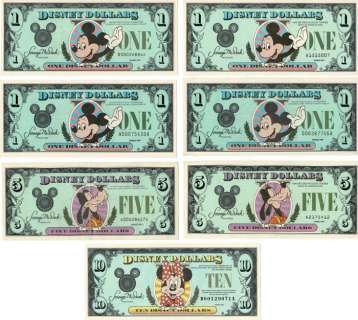 Disney | Disney - Disney Dollars - 4 x $ 1 - 2 x $5 and 1 x $ 10 - 1987-1990 | Catawiki