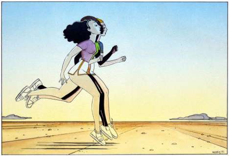 Moebius (Jean Giraud, Dit) | MOEBIUS TROIS COUREUSES ET LE DÉSERT. Encre de Chine et encres… | Coutau Bégarie