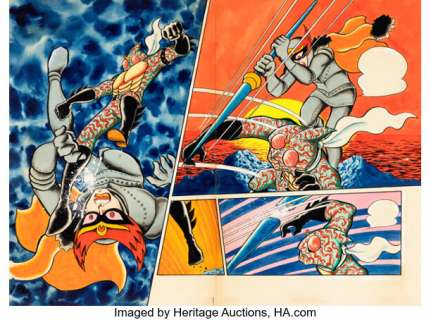 Yuji Hosoi Kamen Rider X Double Page Spread Original Art (Otomodachi Magazine/Kodansha, c. 1979-80).