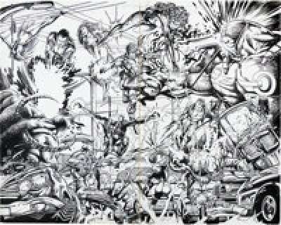 Barry Windsor-Smith and Alex Bialy Wildstorm Rising #1 WildC.A.T.s vs. Stormwatch Double Page Spread 2-3 Original Art (Image/Wildstorm, 1995).