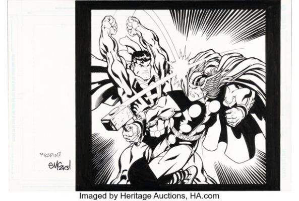 Ed McGuinness Wizard: The Comics Magazine #141 "Last Man Standing" Superman vs. Thor Illustration Original Art (Wizard, 2002).