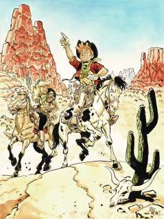Félix Meynet | Spirou et Seccotine au Far-West, dessin original à l’encre de chine et à l’aquarelle. | Septimus