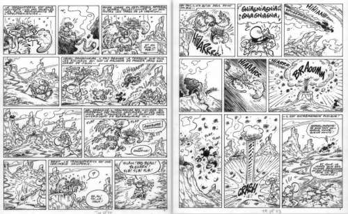 Gag complet - Vie et moeurs du Trashopterix - en 2 planches originales 22 et 23 issues du tome 11 de la série Nabuchodinosaure - Bienvenue dans l‘ère aglaglacière - par Roger WIDENLOCHER