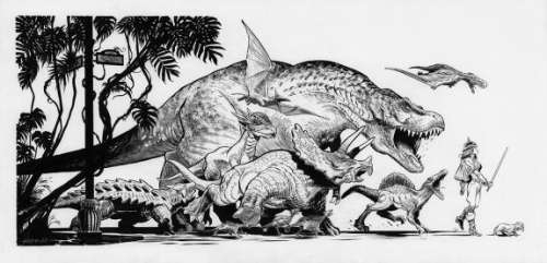 Eric Herenguel - Le Cortège de dinosaures, illustration originale parue sous forme de carte de v?ux en 2021 - Artist‘s Edition T.1 - The Kong Crew