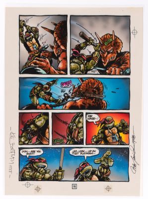Lot 24 - STEVE LAVIGNE TEENAGE MUTANT NINJA TURTLES #6 ORIGINAL COLOR ART FOR THE FIRST COLOR COLLECTED GRAPHIC NOVEL BOOK II. | Hake’s