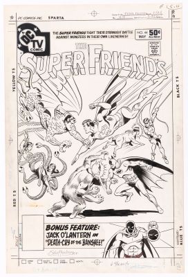 Lot 172 - KURT SCHAFFENBERGER SUPER FRIENDS #44 COMIC BOOK COVER ORIGINAL ART. | Hake’s