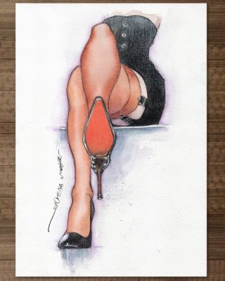 Bleda, Sergio - 1 Aquarelle originale - Red Stiletto Elegance – Hand Signed | Catawiki