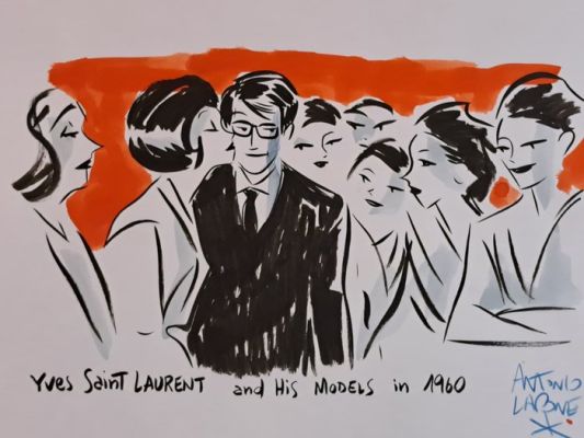 Lapone, Antonio - 1 Original colour drawing - Yves Saint Laurent and his models in 1960 | Catawiki