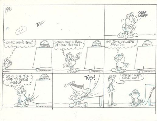 Davis, Jim - 1 Original preliminary page - Garfield - Sunday comic art ft. Garfield and Jon - 1990 | Catawiki