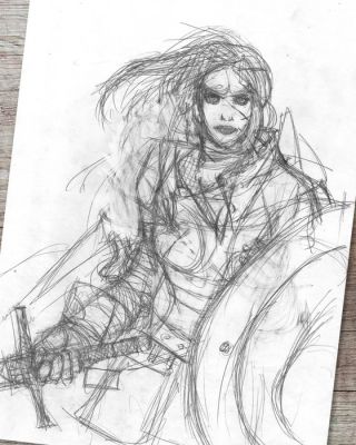 Juan Gimenez - Guerrière avec une épée - Large Original Pencil Drawing | Catawiki