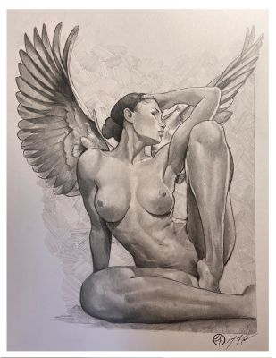 Jay Fife - Celestial Beauty - Seated Angel Nude Pencil Sketch