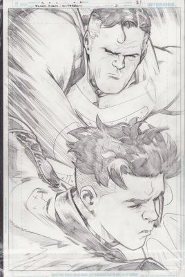Karl Moline | Blood Moon Superboy #2 Pg.21 - Interior Page W/Sketch on Back - Superman Vs. Superboy Splash | Anthony’s Comic Book Art