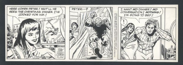 Larry Lieber | Spider-Man Daily By Lieber And Lee - Spidey And Mary Jane in Every Panel - Parker Rejects Mj’s Christmas Dinner Issue Spider-Man Daily Page 12-24-88 | Koch Comic Art