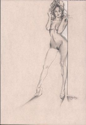 Jim Silke | Full Figure Updo Nude in Heels Pencil Art - Signed - 1997 | Anthony’s Comic Book Art