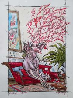 Schreurs, Eric - Originele tekening in kleur - White Dog On Red Sofa (2013) | Catawiki