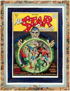 IRWIN HASEN "ALL STAR COMICS" #33 OVERSIZED COVER RECREATION ORIGINAL ART CUSTOM FRAMED DISPLAY. | Hake’s