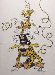 Marsupilami - Grand Dessin original en couleurs - Le Marsupilami et ses 3 bébés - (2001) | Catawiki