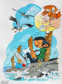 André Sipp/Gaston. Dessin Original Réalisé En Hommage À Franquin. Superbe Qualité D’exécution Qui Illustre La Maîtrise Technique de L’artiste. Encre de Chine Et Aquarelle Signée. Tbe+. 41 X 30 Cm |  | Dagoty