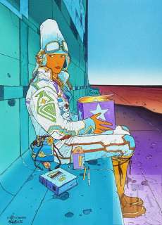 André Sipp/Starwatcher. Dessin original réalisé d‘après la couverture de l‘album en hommage à Moebius. Superbe qualité d‘exécution qui illustre la maîtrise technique de l‘artiste. Encre de Chine et aquarelle signée. TBE+. 41 X 30 cm - Lot 379 :