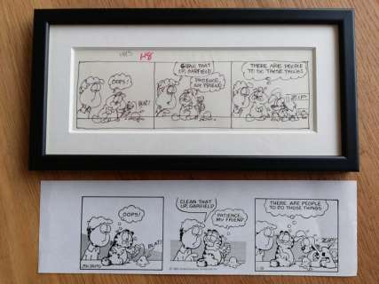 Davis, Jim - original prelim strip art for Garfield  strip January 18th 1985 - matted and framed - Page volante - art original | Catawiki