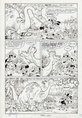 SERGIO ASTERITI - Tavola originale Disney per Topolino 1592 ‘Topolino e il mistero dei dinosauri’. Cm.25 x 35. Anno di esecuzione 1986. Tav.17-A. Firmata.
